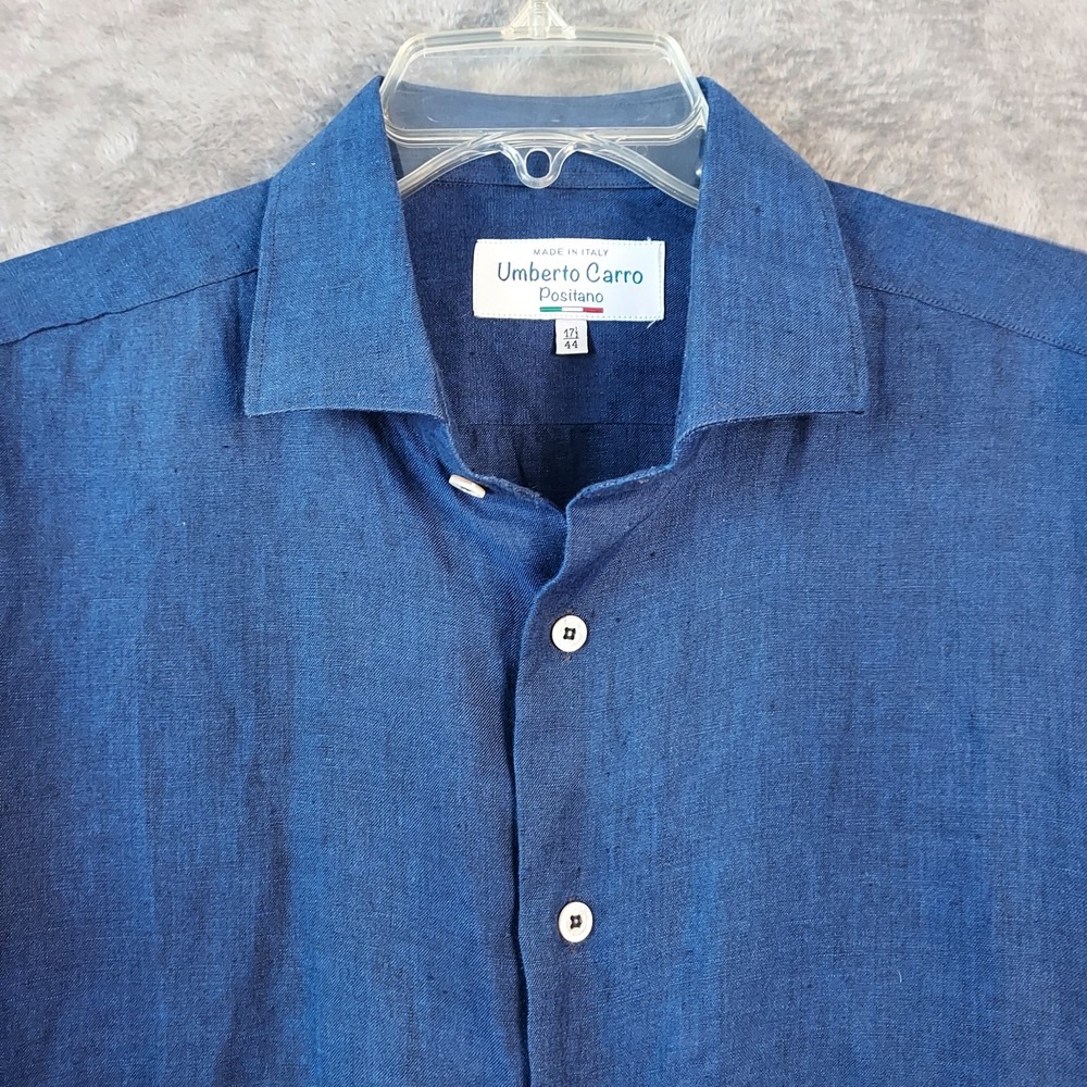 Umberto Carro Positano Men's 17.5 44 Linen Button Up Shirt Blue Spread Collar‎